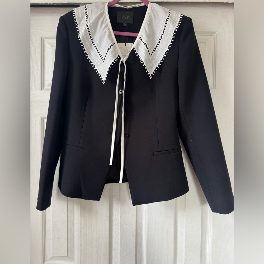 Zara Black Blazer with White Lace Collar